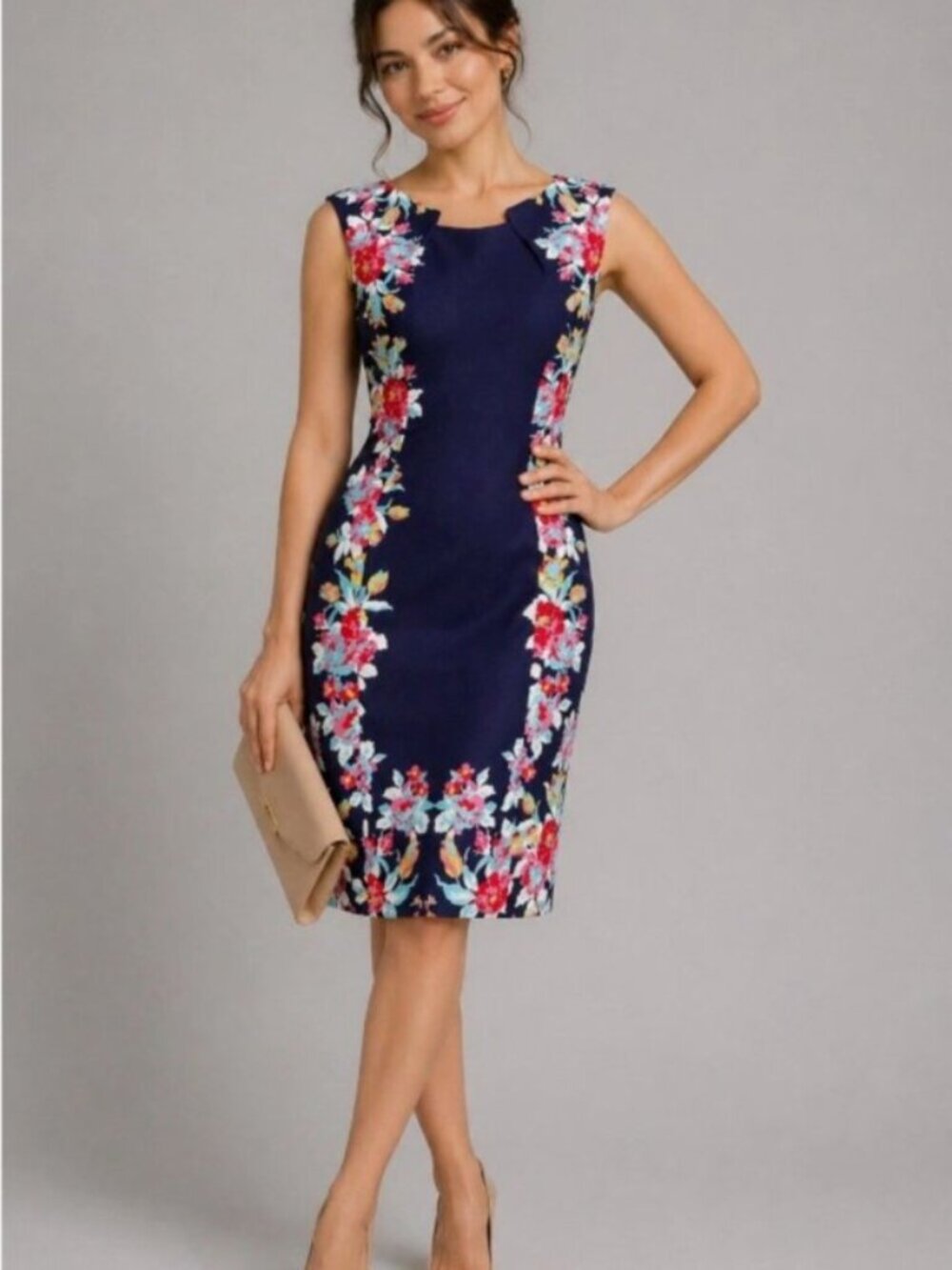 TAHARI ASL Floral Print Sleeveless Sheath Dress Navy Blue Size 6